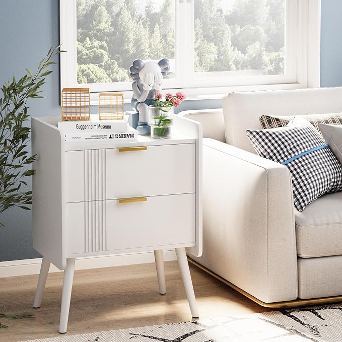 Aenuert White Nightstand Modern Bedside Table with 2 Storage Drawer, Small Night Stand, Wooden Sofa Side Table for Bedroom,Study Room and Small Spaces - Image 3