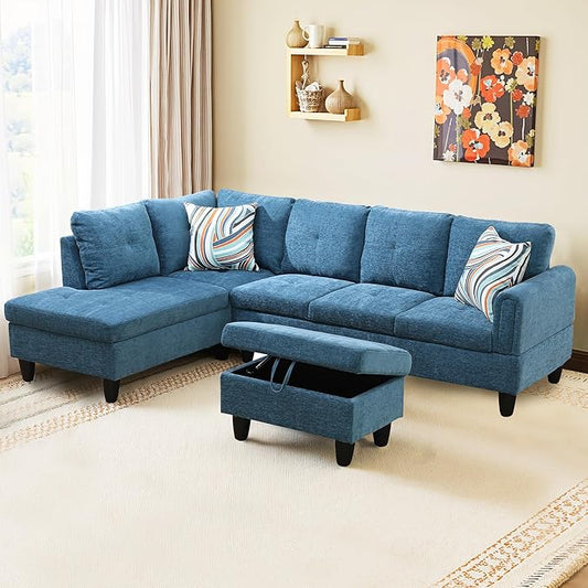 NicBex Modular L-Shaped Sectional Couches, 3-Piece Convertible Couch with Storage Ottoman, 4-Seat Comfy Sofa with Chaise for Living Room & Apartment, Blue