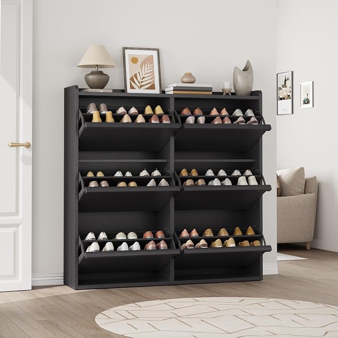 GarveeHome Shoe Cabinet with 6 Flip Drawers, Wooden Shoe Organizer Cabinet with Adjustable Shelf, Shoe Storage for Entryway, Hidden Shoe Cabinet for Hallway, Living Room, Black - Image 7
