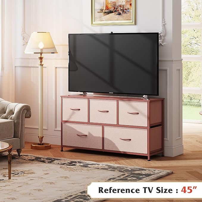 WLIVE Dresser for Bedroom with 5 Drawers, Wide Chest of Drawers, Fabric Dresser, Storage Organization Unit with Fabric Bins for Closet, Living Room, Hallway, Pink and Rose Gold - Image 2