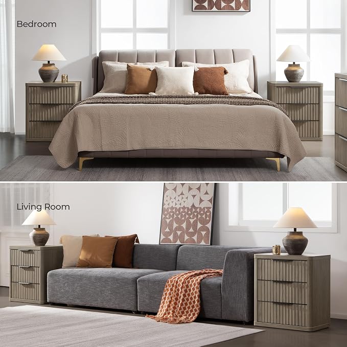 SICOTAS Night Stand Set of 2 Nightstands with 3 Drawers Storage Bedside Table Large Fluted Bed Side End Table Modern 25.6" Tall Wide Night Stands for Bedroom Living Room Sofa Couch Office, Grey Alder - Image 4
