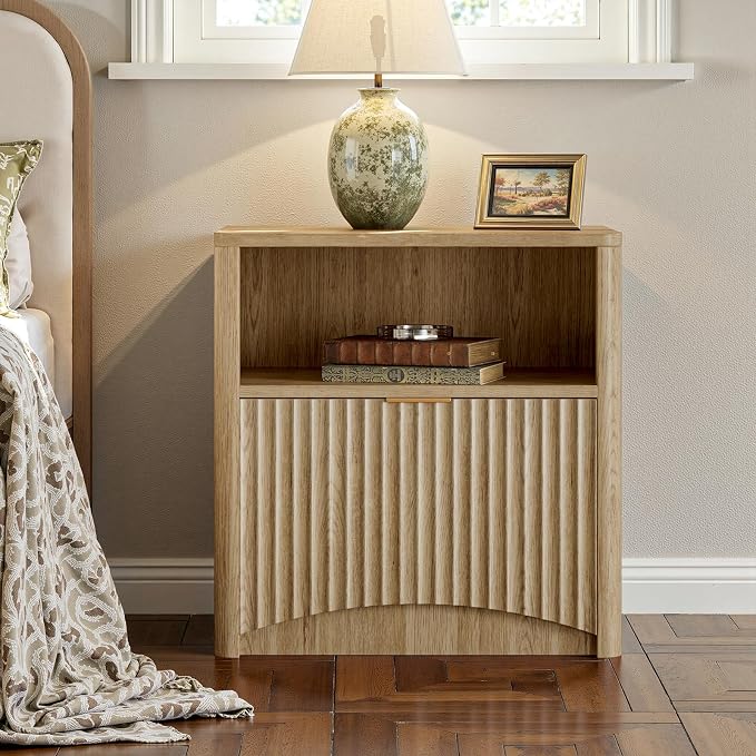 Evermagin Fluted Nightstand Set of 2, Natural Oak Bedside Table with Drawer and Storage, Wood End Table Mid Century Modern, Large Night Stand for Bedroom - Image 3
