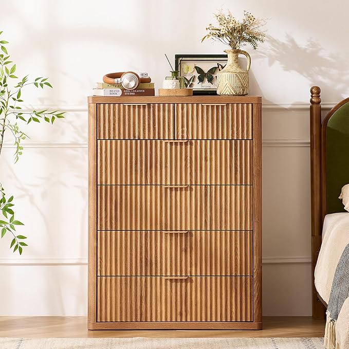 LEYAOYAO 42" Tall Fluted Dresser and 2 Drawers 23" Nightstand Set of 2, Wooden Dresser & Night Stand with Charging Station, 3 Piece Bedroom Furniture Set, Wood Chest of Drawer for Living Room,Brown