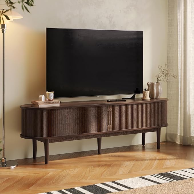 LINSY HOME Fluted TV Stand for 75" TV, Mid-Century Modern 70" Entertainment Center with Sliding Tambour Door and Storage Cabinet, Cruved TV Media Console Table for Living Room, Bedroom, Walnut - Image 7
