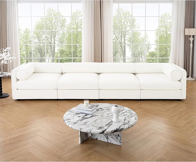 KEIKI 143" Oversized Modular Chenille Sectional Sofa with Storage Seat, Modern Style 4-Seater Couch with Cylindrical Backrest and Armrests, Easy Assembly, for Apartment, Living Room, White