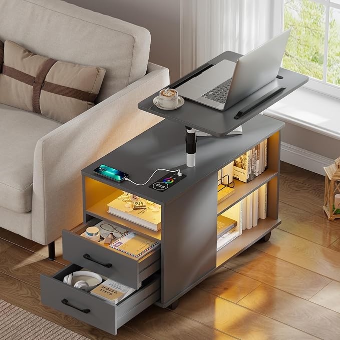 WOOVIVS Nightstand with USB Charging Station, Bedside Table with Storage Drawer, Rotatable Bracket, Modern Design (Grey) by WOOVIVS