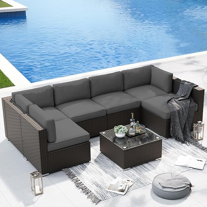 SUNCROWN 7-Piece Outdoor Patio Furniture Sofa Set All-Weather Wicker Sectional Conversation Set with Modern Glass Coffee Table, Cushions and A Waterproof Cover for Backyard, Garden, Poolside, Grey