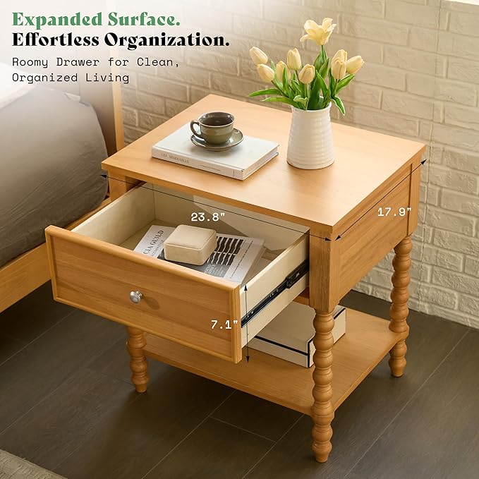 AMERLIFE 3 Piece Bedroom Set Includes Solid Wood King Platform Bed Frame with Headboard and 2 Nightstands with Spindle-Turned Legs, Mid Century Modern Bedroom Furniture, Natural