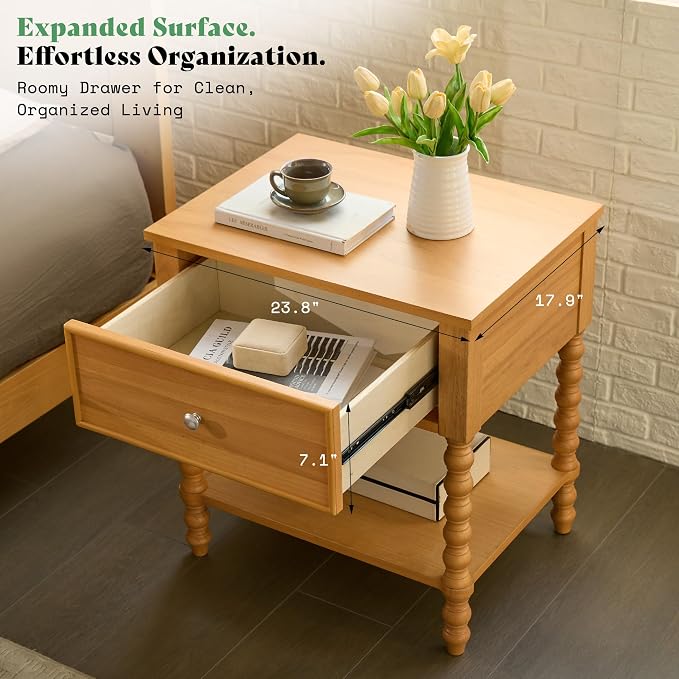 AMERLIFE 24" Wood Nightstand Set of 2, Vintage Bedside Table for Bedroom, Solid Wood Night Stand with Turned Legs, End Table with Drawer & Open Shelf, Natural Finish - Image 6