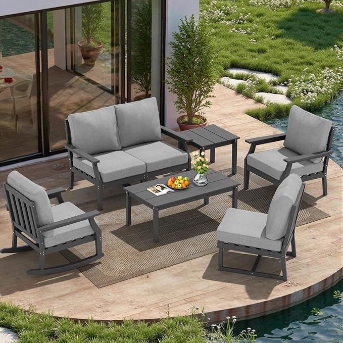 HDPE Patio Conversation Set, 7-Piece All Weather Outdoor Furniture Set with 1 Single Rocking Armchairs for Deck, Lawn, with Cushion, Gray