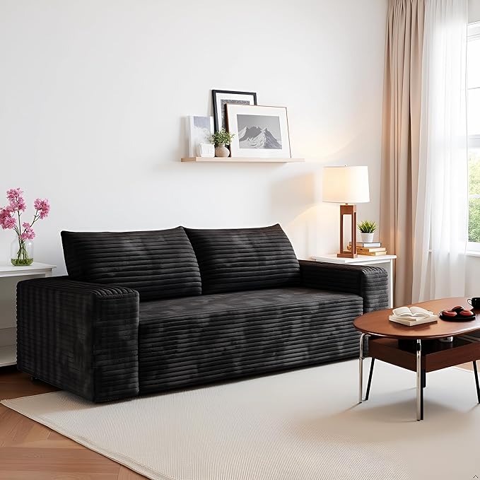JINGLING 71" Small Couches for Small Spaces, Memory Foam loveseat Corduroy Couch in a Box, Compressed Boneless Sofa for Living Room Bedroom, Apartment Furniture, No Assembly Required, Black