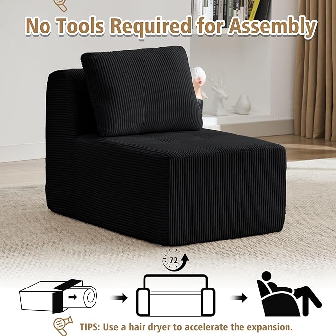 KIGOTY Modular Sectional Sofa, Comfy Cloud Sectional Couch, Armless Boneless Couch for Living Room, No Assembly Required,Black