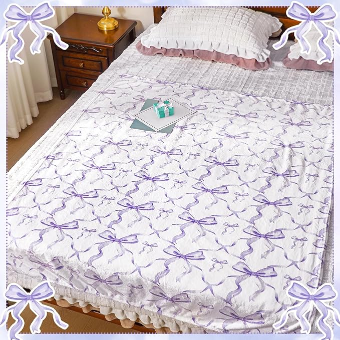 Buryeah Purple Bow Throw Blanket Valentine's Day Galentines Day Gifts Preppy Blanket Coquette 50 X60 Flannel Soft Cute Bow Lightweight Aesthetic Room Decor for Women Friends for Sofa Couch Travel Bed