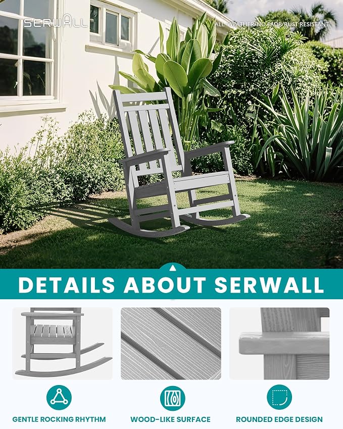 SERWALL Oversized Outdoor Rocking Chair Set of 4, HDPE Rocker for Adults, Patio Rocking Chairs for Porch, Sliver Gray - Image 3