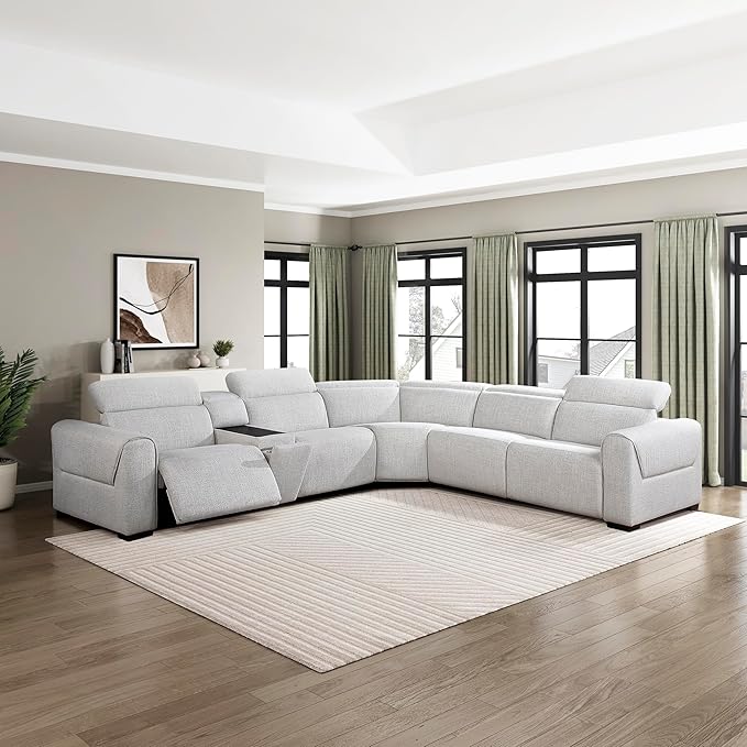 Lexicon Power Reclining Sectional Couches for Living Room-Modular Sectional Sofa, Wall Hugger,3 Recliner Seats, Console Cup Holders, Power Headrests, Charging Ports, 5 Seater Couch, Chenille Cloud