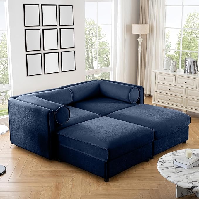 KEIKI 76" Modular Loveseat Chenille Sectional Sofa with Storage Seat and 2 Ottoman, Modern 2-Seater Couch with Cylindrical Backrest and Armrests, Easy Assembly, for Apartment, Living Room, Blue