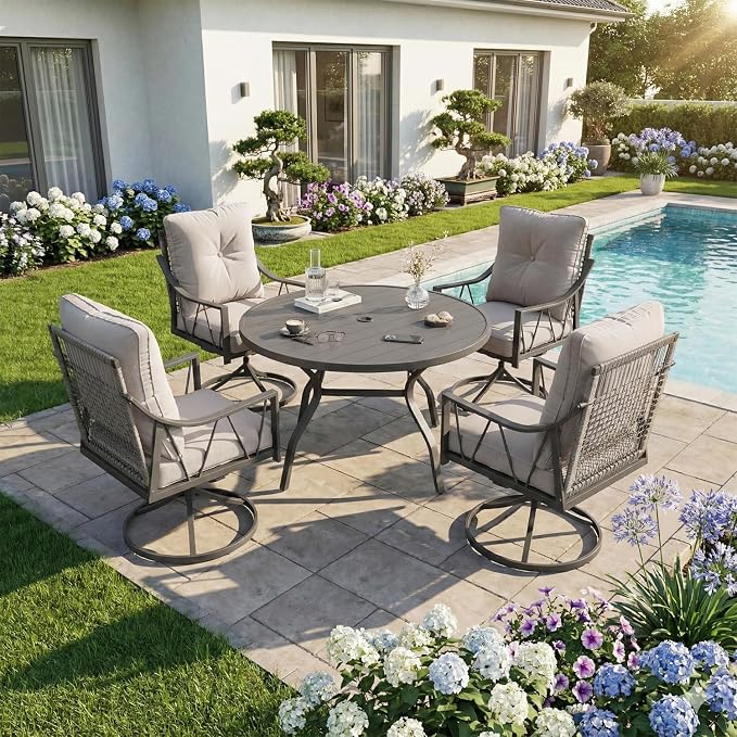 EROMMY 5-Piece Outdoor Patio Dining Set, 4 Wicker Swivel Rocking Chairs with 4" Cushions, 42" Round Table with Adjustable Umbrella Hole for Yard, Backyard, Black by EROMMY