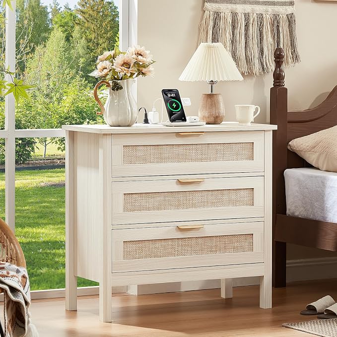 LEYAOYAO 31.5" Wide Rattan Nightstands Set of 2 with Charger Station, Large Boho 3 Drawer Night Stand, Grey White Bedside Table with Storage, Bed Side End Tables for Bedroom, Living Room, Hallway - Image 5