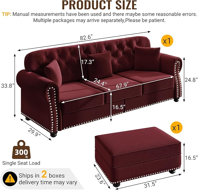 KEIKI 83" Velvet Chesterfield Sofa with Rolled Arms & Nailhead Trim & 1 Ottoman, Modern 3-Seater Button Tufted Couch with High Resilience Cushion & 3 Pillow, Easy Assembly, for Living Room, Burgundy