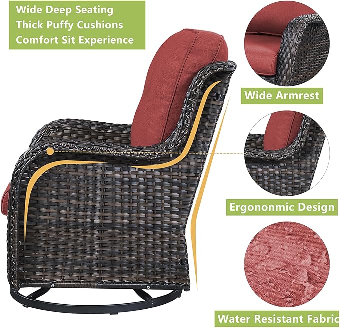 Rilyson Wicker Patio Furniture Set - 6 Piece Rattan Outdoor Sectional Conversation Sets with 2 Rocking Swivel Chairs,2 Ottomans,1 Sofa and 1 Loveseat for Porch Deck Garden(Brown/Red)