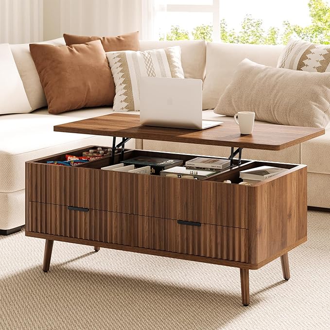 Lift Top Coffee Table with Storage - Fluted Wood Coffee Tables for Living Room with Drawers & Hidden Compartment, Mid Century Modern Square Large Center Table for Home Office Reception Walnut