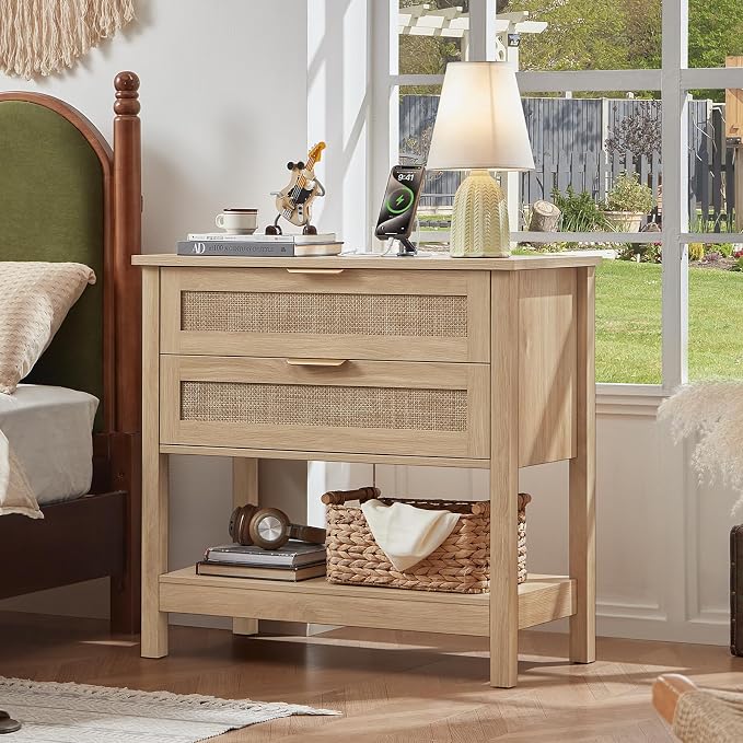 LEYAOYAO 26.8" Wide Rattan Night Stand with Charger Station, Oversized Large Boho Nightstand with 2 Drawer, Natural Wood Bed Side End Tables, Tall Bedside Table for Bedroom Living Room, Hallway - Image 7
