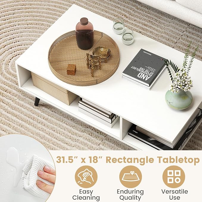 Giantex Coffee Table with Storage, Mid Century Modern Center Table for Living Room, Rectangle Tea Table with Open Storage Shelf & Floor-Anti-Scratching Tapered Metal Legs, Rustic Brown (White)