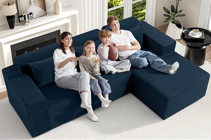 Homguava Modular Sectional Couches for Living Room,105" Cloud Couch with L-Shape Chaise,Comfy Sofa Living Room Sofas with Deep Seat,No Assembly L Couch,Corduroy Fabric(Blue,R)