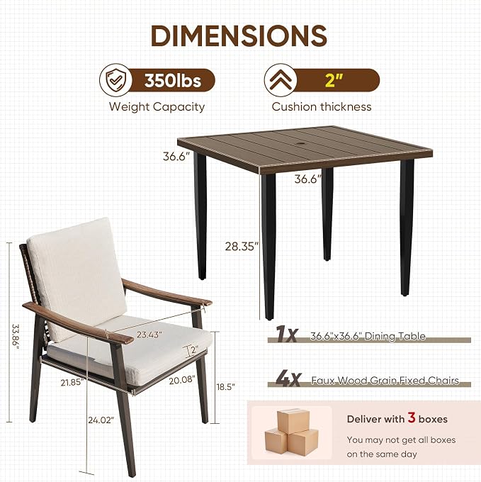Natural Expressions Outdoor Dining Set,Patio Table and Chairs Set with 4 Wicker Rattan Chairs with Cushion, 5 Piece Patio Dining Set for 4,36.6" Woodgrain Table,1.65" Umbrella Hole,Patio Sets for Yard - Image 5