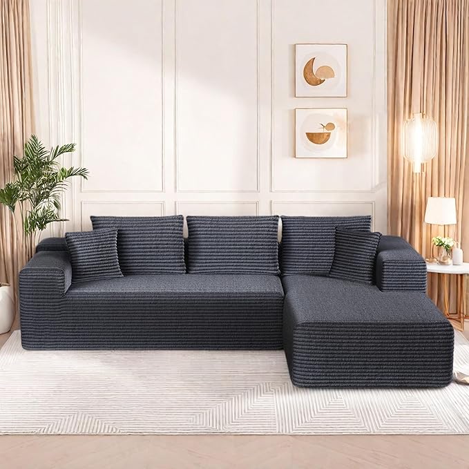 L-Shape Cloud Sectional Sofa, 104” Modern Modular Boneless Couch with Left Chaise Lounge, Compressed Floor Sofa with 5 Pillows & Deep Seat, Flannel Velvet Couch for Living Room, Dark Gray