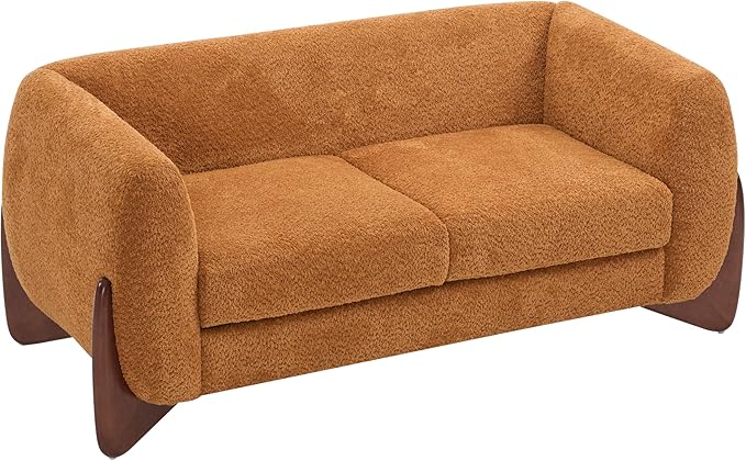 Merax 63 Inch Modern Boucle Upholstered 2-Seater Sofa, Chenille Fabric Loveseat with Solid Wood Legs, Low Profile Small Couch for Living Room, Caramel