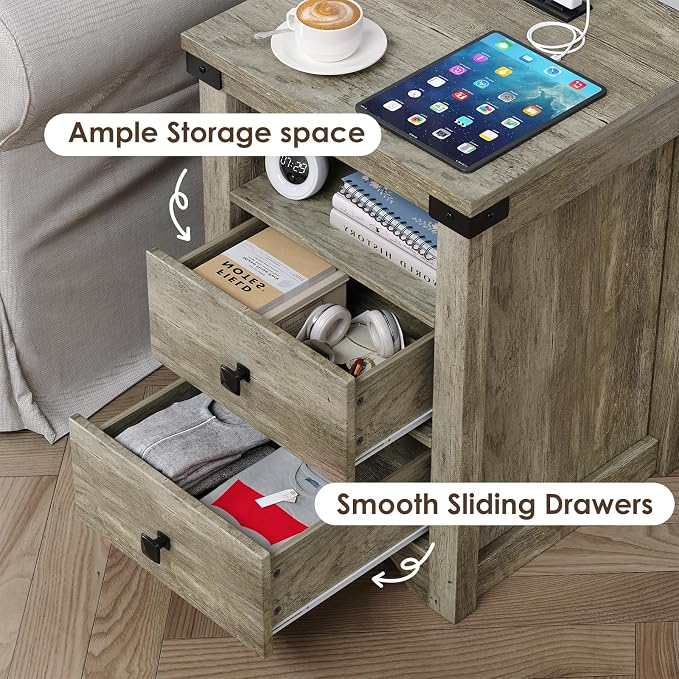 Airynee Nightstand with Charging Station, Farmhouse Nightstand with LED Lights, Modern Rustic Side Table with 2 Storage Drawers, Wooden End Table for Bedroom, Light Rustic Oak 2pcs - Image 5