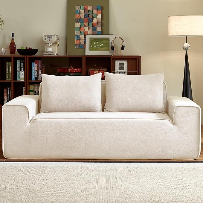 3 Seater Boneless Couch, Modern Foam Sofa in One Box, Comfy Deep Seat Sofa with 2 Pillows, Cloud Couch for Apartment, Office, No Assembly Required (White, Velvet)