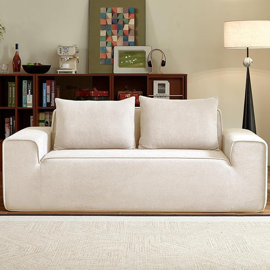 3 Seater Boneless Couch, Modern Foam Sofa in One Box, Comfy Deep Seat Sofa with 2 Pillows, Cloud Couch for Apartment, Office, No Assembly Required (White, Velvet)