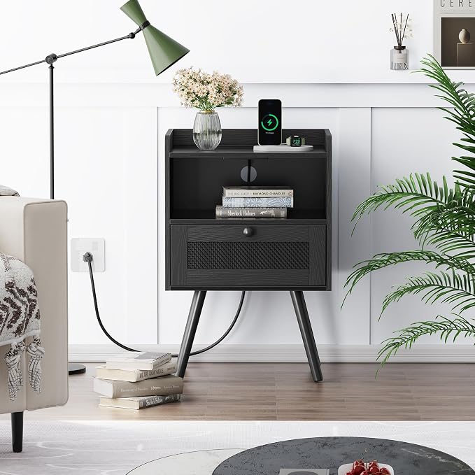 SUPERJARE Nightstand with Charging Station, Bedside Table with Texilene Surface Drawers, Rattan Side Table with Storage & Solid Wood Feet, End Table for Bedroom, All Black - Image 2