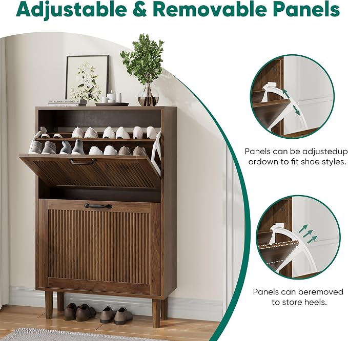Kiasthome 2 Tier Entryway Shoe Storage Cabinet Closed Space Saving Hidden Shoe Organizer with Ribbed Doors Freestanding for Hallway Bedroom Walnut Finish (Walnut, 24.4") - Image 5