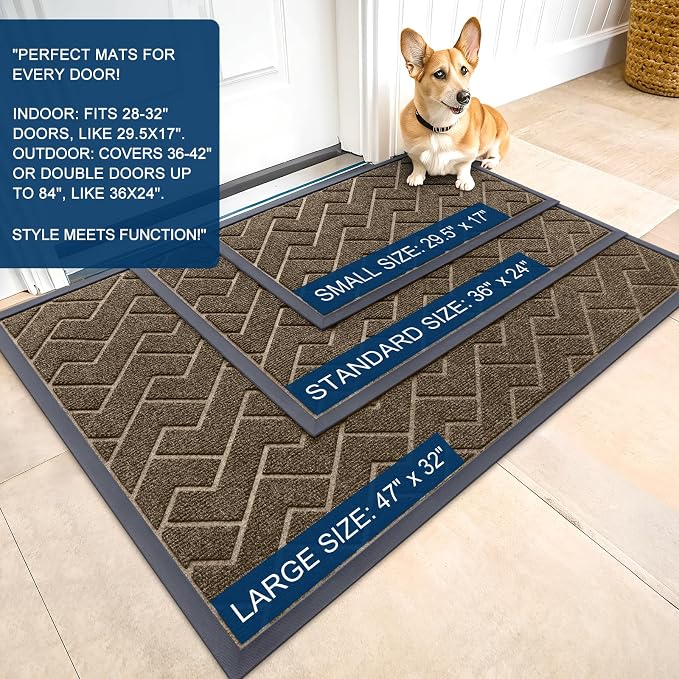OLANLY Front Door Mat Indoor Outdoor Entrance, Waterproof All-Season, All-Weather Doormat, Sturdy Natural Rubber, Low Profile, Easy Clean Patio Porch Entryway Mat, Herringbone Brick (Brown, 71x23) - Image 2