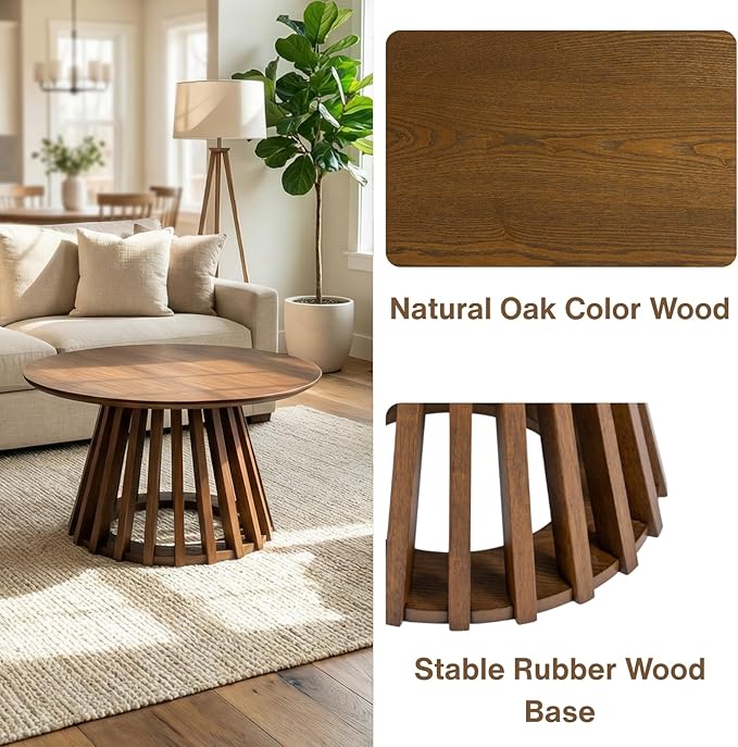 LukeAlon 24" Round Coffee Table, Mid Century Modern Wooden Center Table with Columnar Wood Strips Base Sofa Side Table Circle Tables for Living Room Small Space,Walnut Color