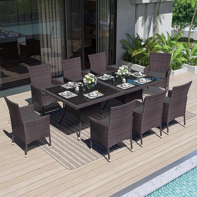 ALAULM 10 Piece Patio Dining Set All-Weather Wicker Outdoor Patio Furniture Set w/Tempered Glass Tabletop, Removable Cushions and Umbrella Hole for Patio, Backyard, Garden, Poolside (Grey) by ALAULM