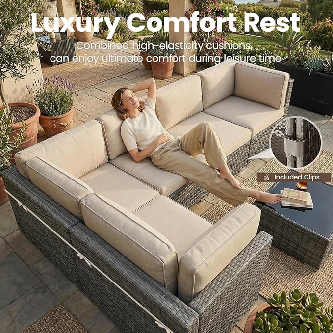 8 Pieces Patio Furniture Set with 44" Propane Gas Fire Pit Table, Outdoor Sectional Wicker Conversation Sofa Sets with Coffee Table