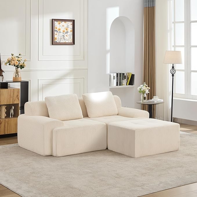 KIGOTY Modular Sectional Sofa, 3 PCS Comfy Cloud Sectional Couch with Deep Seat, L-Shaped Corner Sofas with Ottoman, Modern Boneless Couch for Living Room, No Assembly Required,White