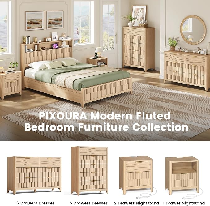 Fluted Nightstand with Charging Station, Modern Bedside Table with 2 Storage Drawers, Curved Corner & Metal Handle, Mid Century Night Stand End Side Table for Bedroom, Natural Oak - Image 9