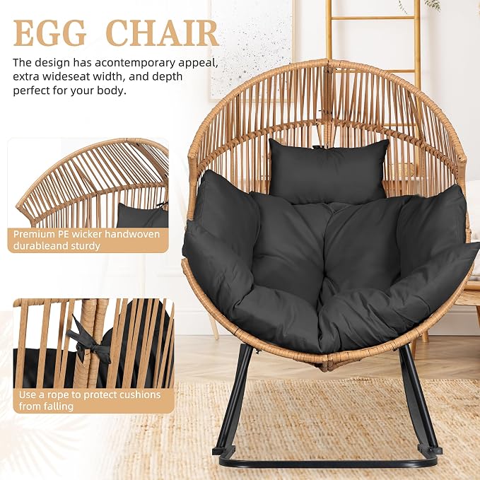 Vongrasig Wicker Egg Chair PE Rattan Rocking Chair with Cushion, Oversized Patio Lounge Rocker Chair for Outdoor, Indoor, Balcony, Backyard, Garden, Black - Image 3