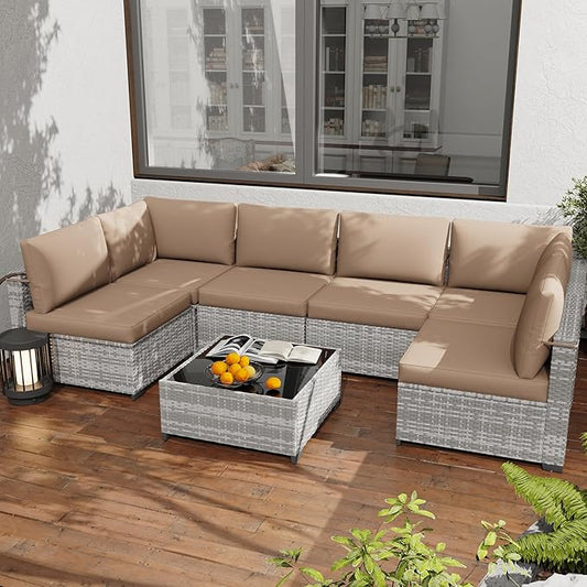 KIGOTY Patio Furniture Set,7 Pieces Modular Outdoor Sectional Sofa, PE Rattan Patio Conversation Set, All Weather Wicker Patio Furniture with Cushions and Coffee Table（Grey White/Camel）