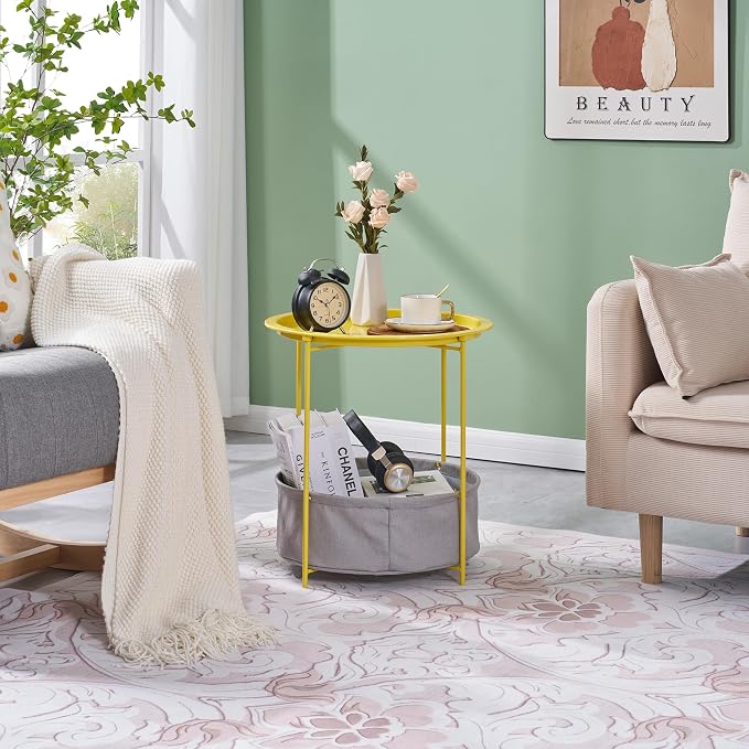 VECELO Round Side/End Table with Fabric Storage Basket，Metal Anti-Rust and Waterproof Small Bedside Nightstand with Removable Tray Top for Living Room，Balcony & Laundry，Yellow /1pcs with Basket - Image 2