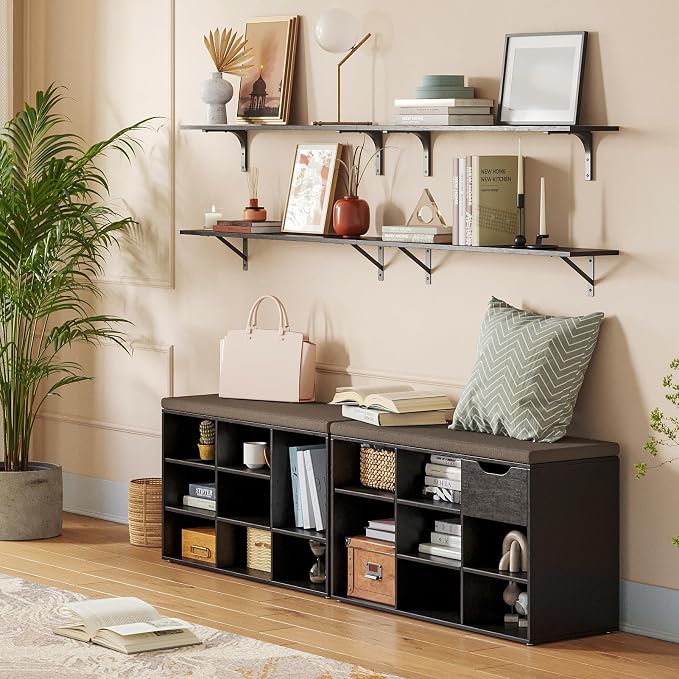 DINZI LVJ Shoe Bench, 9 Cubbies Shoe Organizer for Entryway, Storage Bench with Cushion, Cubby Shoe Rack with Adjustable Shelves for Living Room, Bedroom, Mudroom, Hallway, Espresso - Image 2
