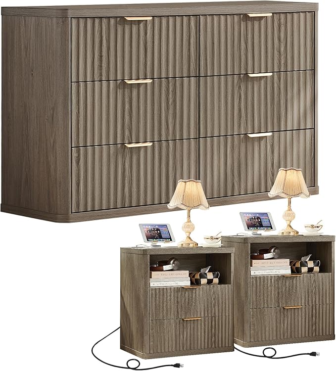 LEYAOYAO Fluted Dresser and 2 Drawers Nightstand Set of 2, Wood 48" Wide Dresser & 23" Night Stand with Charging Station, 3 Piece Bedroom Furniture Set, Chest of Drawers for Home,Living Room,Grey