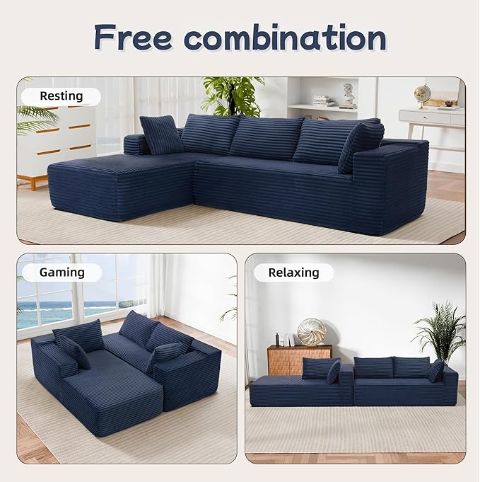 Cloud Sectional Couch, 105” Fluffy Modular L-Shape Sofa with Right Chaise Lounge, Modular Sectional Sofa in a Box, Boneless Couch for Living Room, No Assembly Required, Flannel Blue