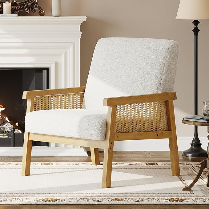 IDEALHOUSE Rattan Accent Chair, Boucle Armchair, Upholstered Reading Chair with Wooden Frame and High Back, Leisure Chairs for Living Room Bedroom Waiting Room Reception, White