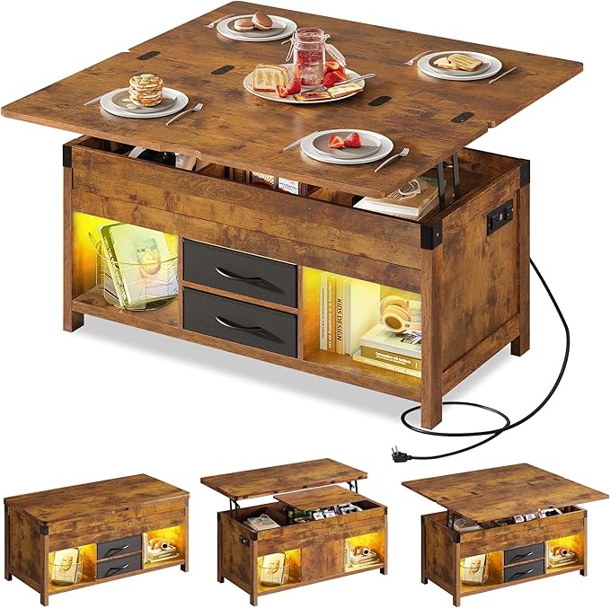 WLIVE 40" Lift Top Coffee Table, 4 in 1 Coffee Tables with Storage, 2 Fabric Drawers, LED Light and USB, Modern Coffee Table with Hidden Compartment for Living Room, Dining Room, Rustic Brown